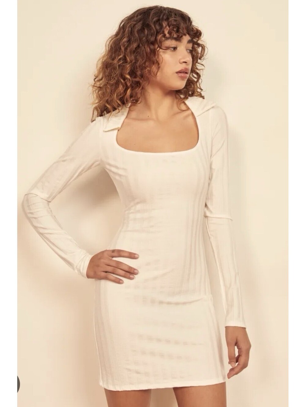 Reformation Vittoria Ribbed Long Sleeve Mini Dress Size XS Ivory Women's